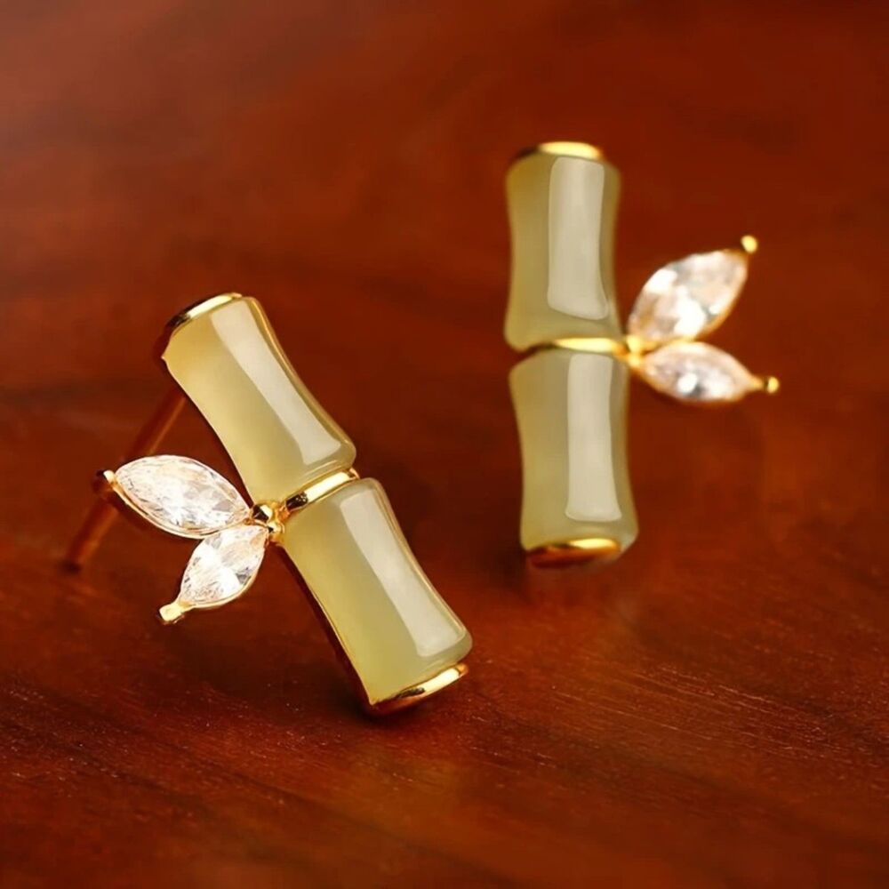 Dainty Elegant Bamboo Faux Jade Stud Earrings – Gold-Tone Leaf Crystal Accent